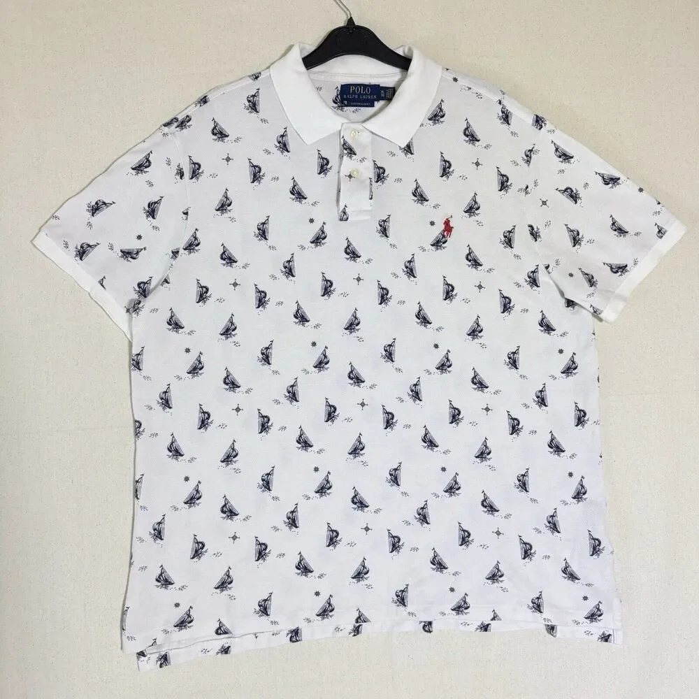 POLO RALPH LAUREN Men XL Custom Slim Fit White Blue Sailboats Polo Shirt